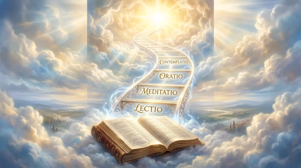 Ilustración de una escalera hacia la luz con los pasos de la Lectio Divina: Lectio, Meditatio, Oratio y Contemplatio.