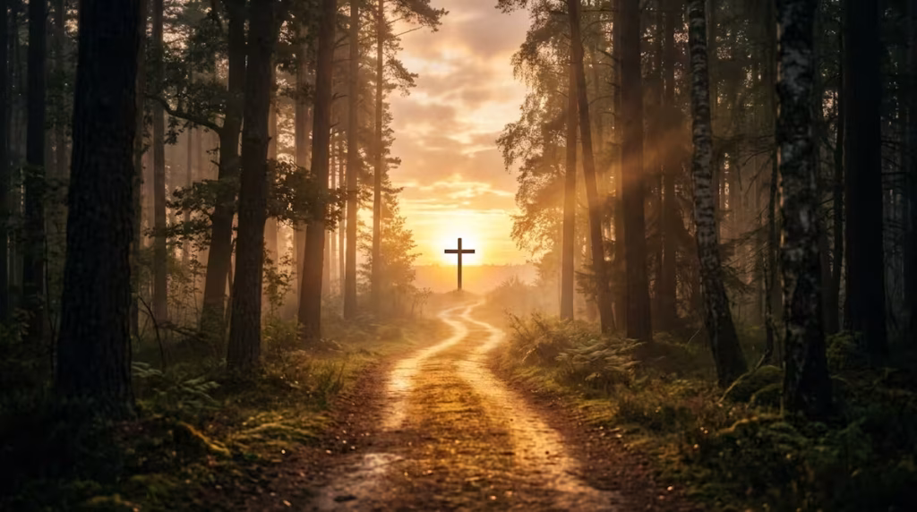 Camino iluminado por el sol en un bosque representando la esperanza bíblica