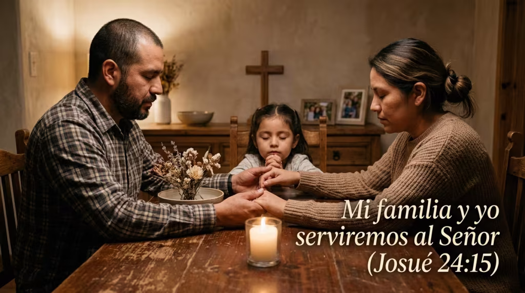 Padre y madre orando con su hijo en un ambiente cálido con el versículo bíblico Josué 24:15