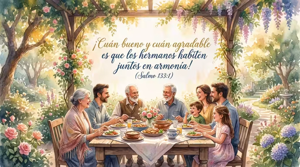 Ilustración de familia en armonía con el texto del Salmo 133:1