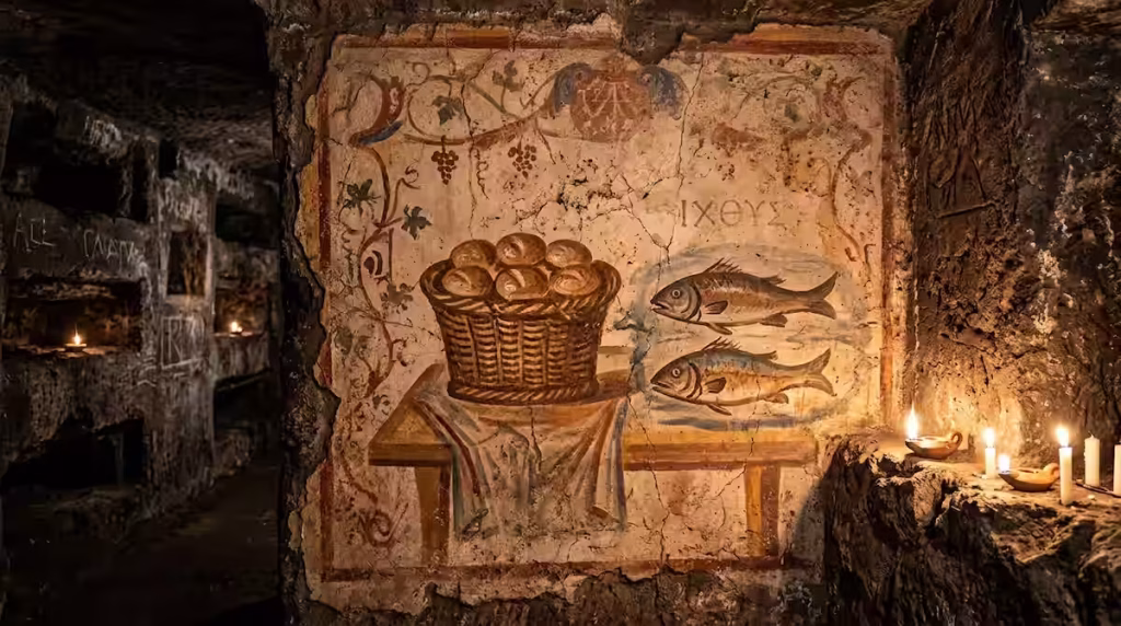 Pintura antigua al estilo fresco en una catacumba cristiana mostrando dos peces y una cesta de pan iluminada por velas.