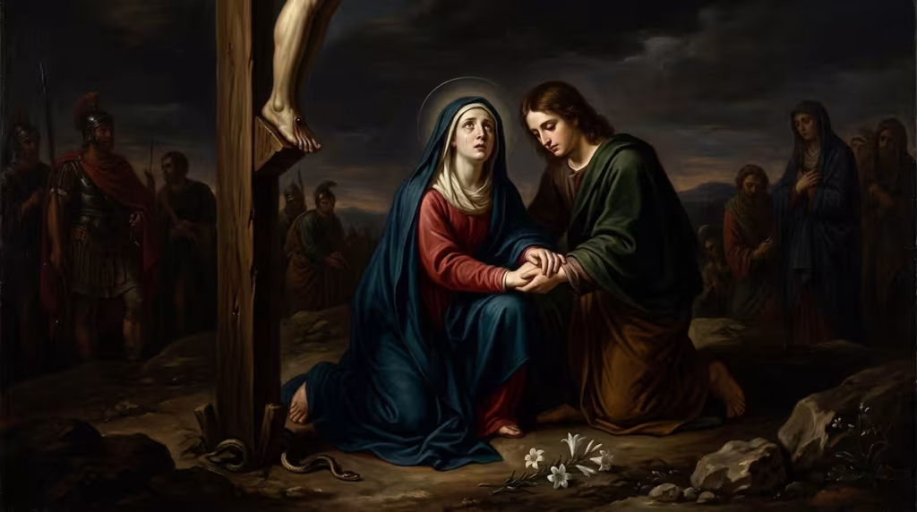La Virgen María junto a San Juan al pie de la cruz de Jesús