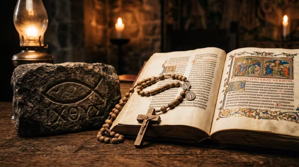 Rosario de madera y piedra antigua con el símbolo cristiano del pez Ichthys sobre una Biblia iluminada.