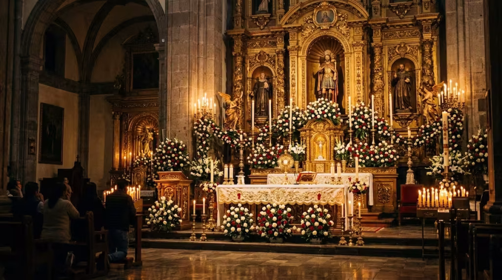 Altar principal del Templo de San Hipolito iluminado con velas y adornado con rosas blancas y rojas