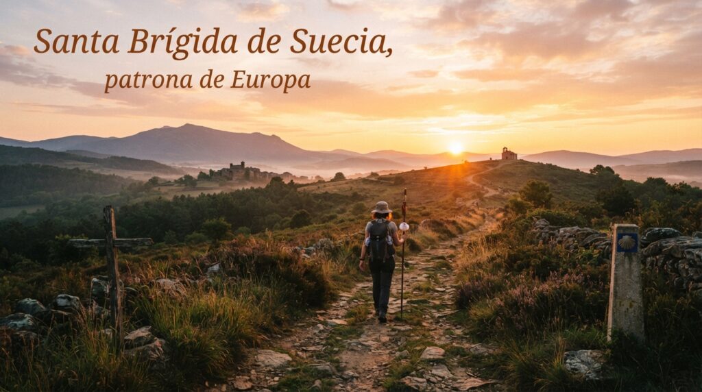 Camino de peregrinación con luz de amanecer y el texto "Santa Brígida de Suecia, patrona de Europa"